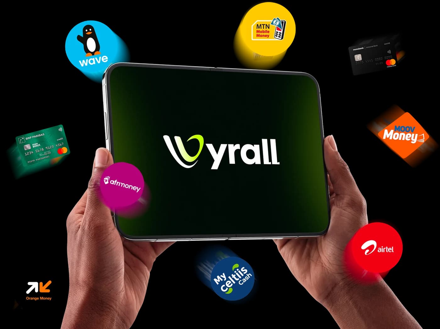 A hand holding a phone showing Vyrall, surrounded by mobile money logos